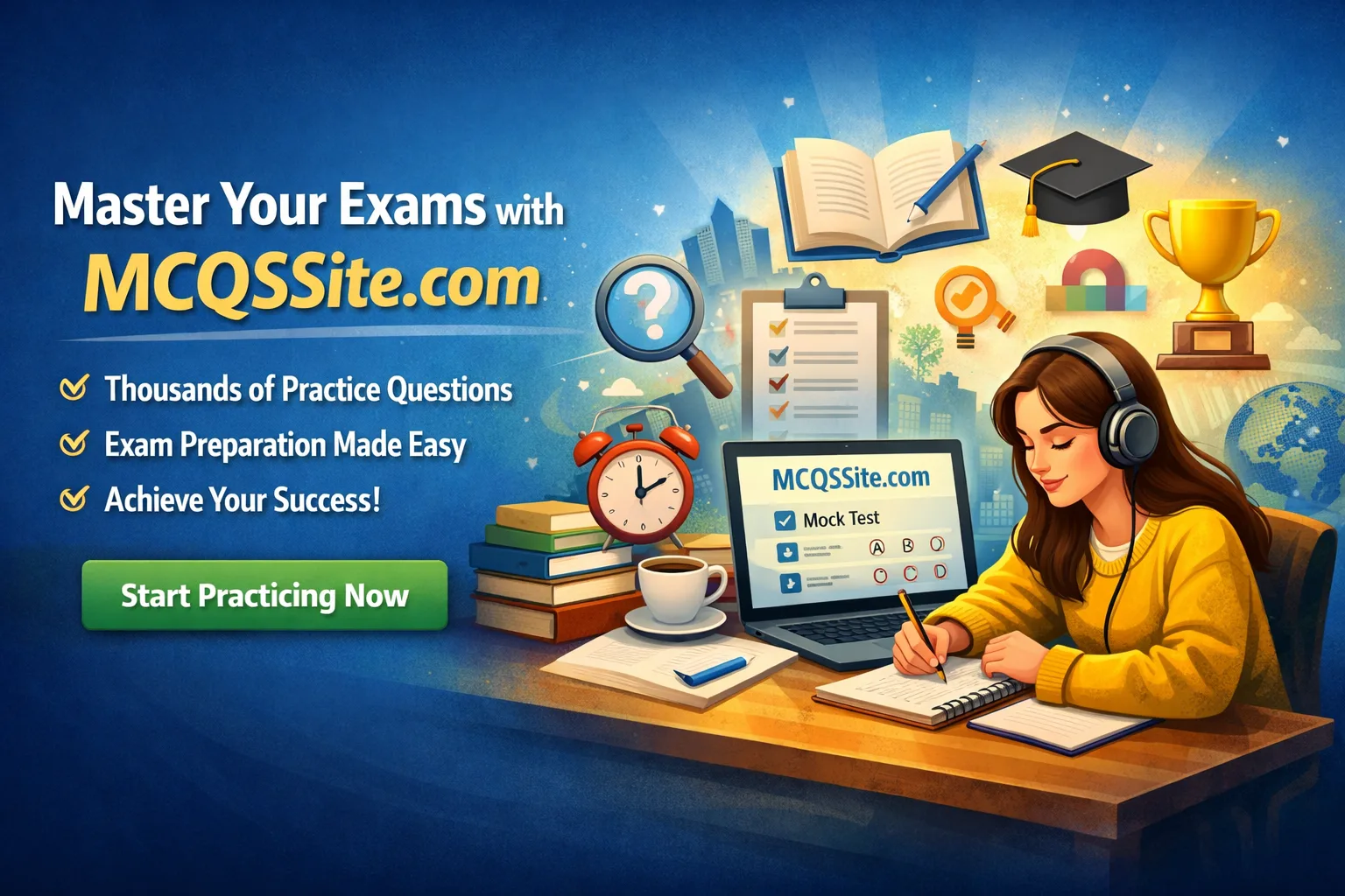 HOME 6 “MCQSSite.com online MCQ practice platform showing a student preparing for exams with mock tests, multiple choice questions, and exam preparation tools for competitive exams.”