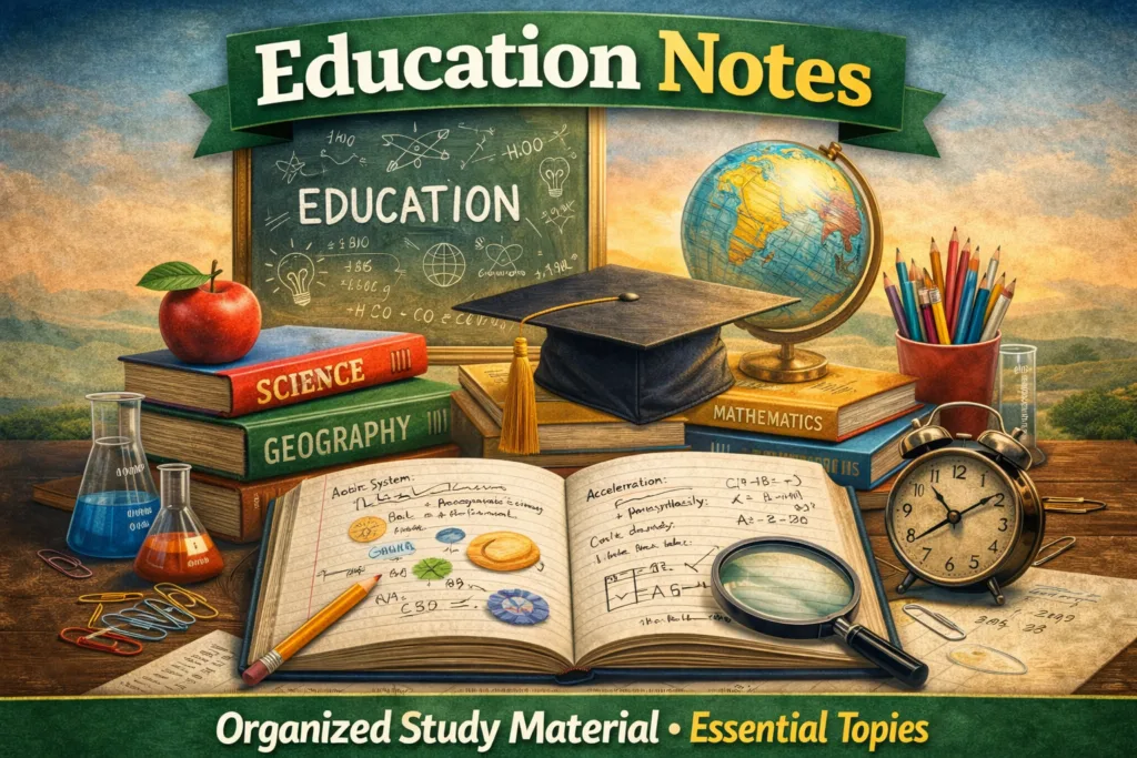 HOME 2 Education Notes illustration for www.mcqssite.com featuring study books, science, mathematics, geography, and organized learning materials for students