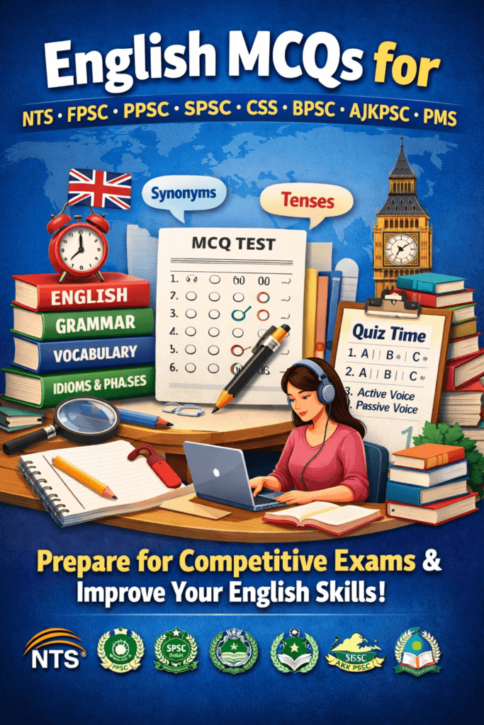 “English Grammar MCQs with Answers for NTS, FPSC, PPSC, CSS, PMS, and other competitive exam preparation.”