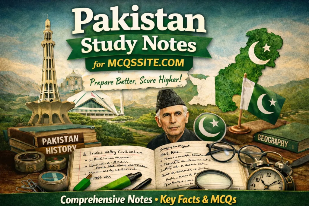 HOME 4 “Pakistan Study Notes for MCQs on mcqssite.com featuring Pakistan Studies history, geography, Quaid-e-Azam, national landmarks, and exam preparation material.”