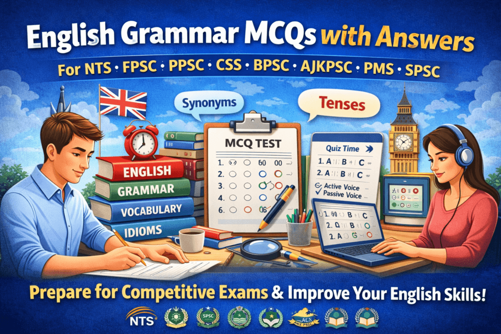 Students preparing for English exams using multiple-choice questions, grammar books, and online practice tools