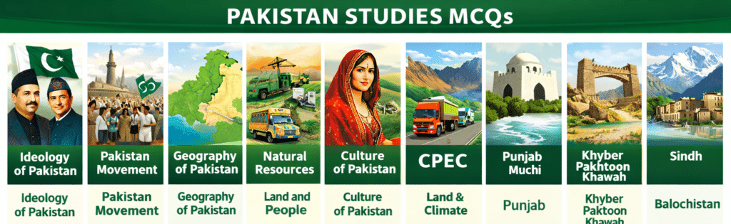 Pakistan Studies MCQs topics banner showing Ideology of Pakistan, Pakistan Movement, Geography of Pakistan, Natural Resources, Culture, CPEC, Punjab, Khyber Pakhtunkhwa, Sindh and Balochistan