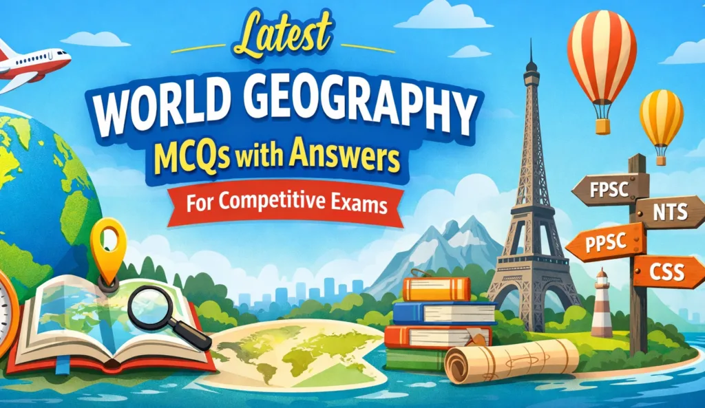 World geography MCQs with answers banner for competitive exams featuring globe, map, Eiffel Tower, books, and exam signs FPSC, NTS, PPSC, CSS