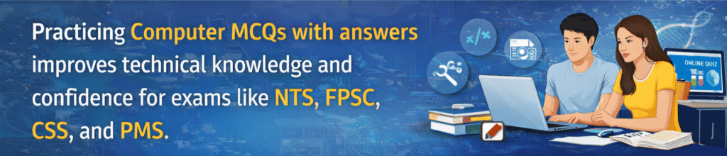 Computer MCQs with answers banner showing realistic college boy and girl working on a laptop with books, representing computer science MCQs, basic computer knowledge MCQs, information technology MCQs, and online computer quiz practice for competitive exams like NTS, FPSC, CSS, and PMS.