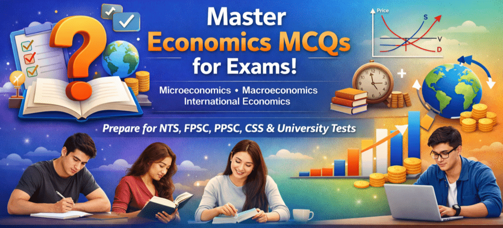 Economics MCQs banner with students studying, question mark over open book, demand and supply graph, global economy icons, and exam preparation theme for competitive tests.