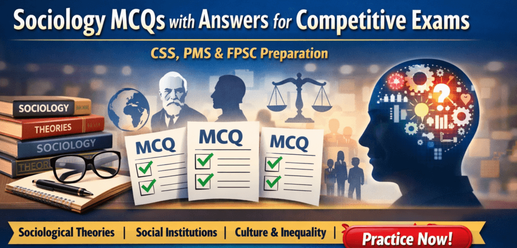 SOCIOLOGY - MCQs 2 "Sociology MCQs with answers banner for CSS PMS FPSC preparation, featuring study books, social concepts icons, and online quiz practice call-to-action"
