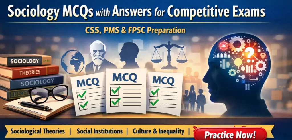 "Sociology MCQs/Quiz with answers banner for CSS PMS FPSC preparation, featuring study books, social concepts icons, and online quiz practice call-to-action"