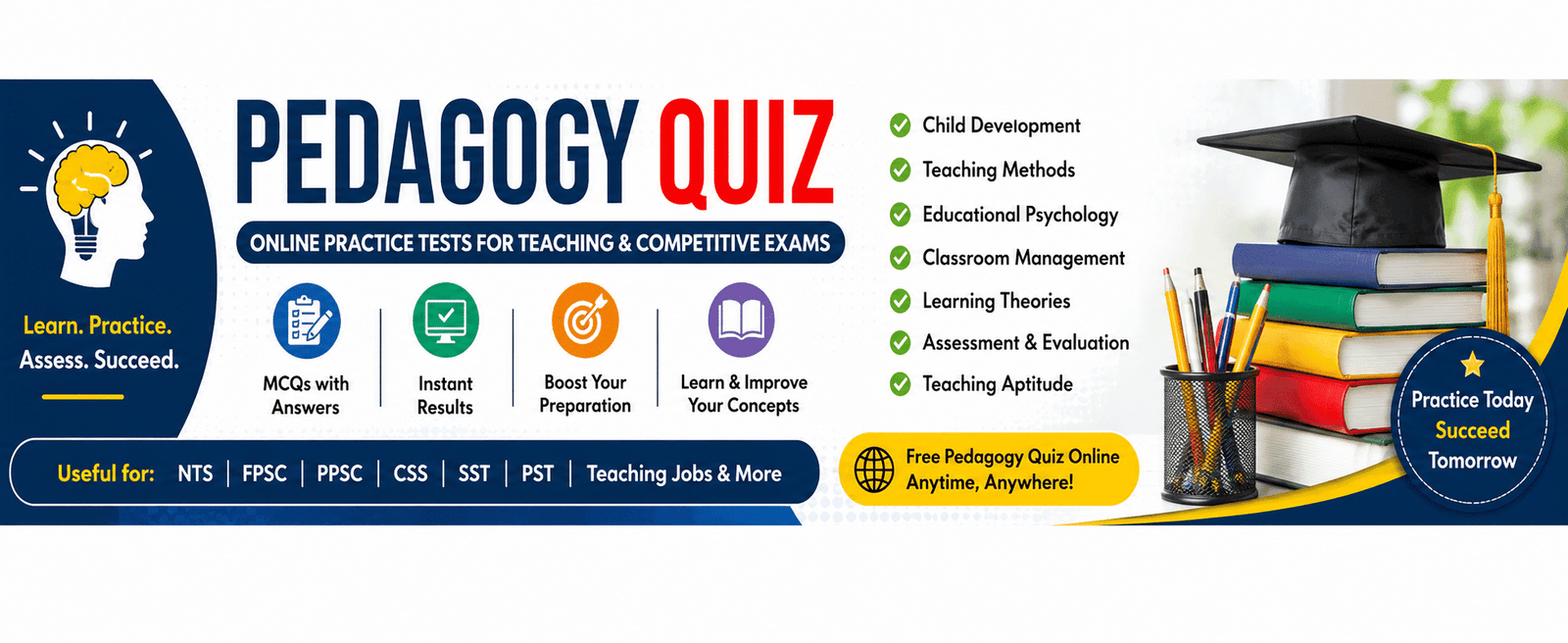 Pedagogy Quiz Online banner featuring teaching methods, educational psychology, classroom management, child development, and pedagogy MCQs quiz preparation for NTS, FPSC, PPSC, CSS, SST, PST, and teacher recruitment exams.