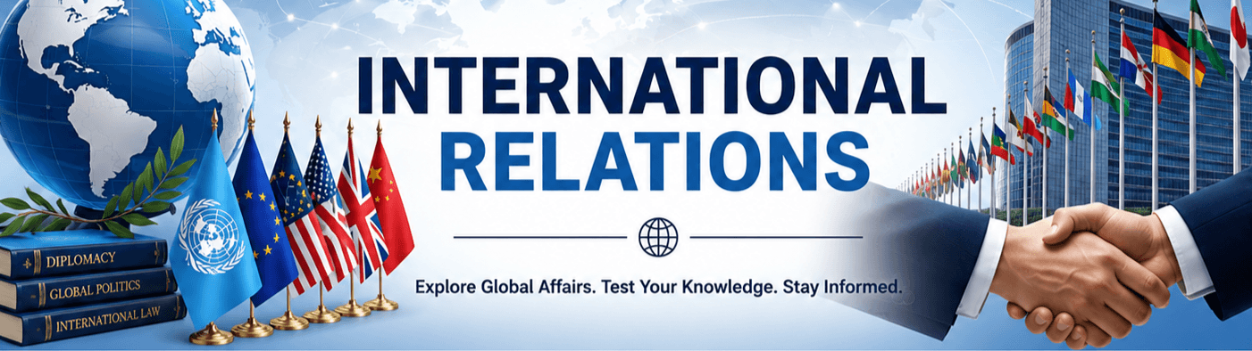 International Relations - Quiz 1 "A horizontal banner for an International Relations Quiz on MCQsSITE, featuring a world map background, a compass, stack of books, and a 'START QUIZ NOW' button."