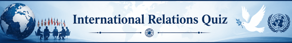 International Relations - Quiz 5 International Relations Quiz banner featuring a globe, world map, diplomatic meeting, peace dove, and international symbols