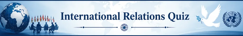 International Relations Quiz banner featuring a globe, world map, diplomatic meeting, peace dove, and international symbols