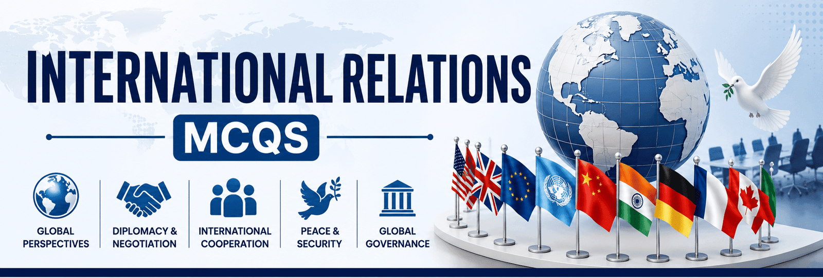 International Relations MCQs with answers covering diplomacy, global politics, international organizations, foreign policy, peace and security, and world affairs.