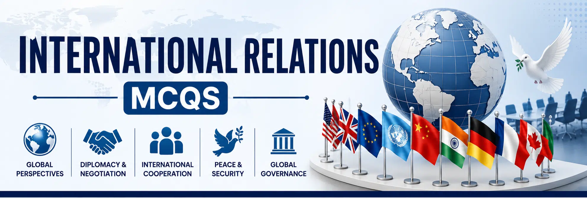 International Relations MCQs with answers covering diplomacy, global politics, international organizations, foreign policy, peace and security, and world affairs.