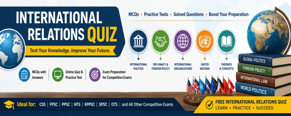 International Relations Quiz with MCQs, practice tests, diplomacy, foreign policy, international organizations, and competitive exam preparation