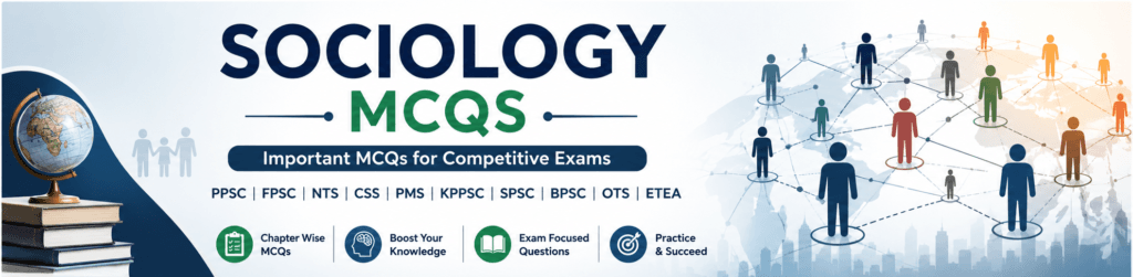SOCIOLOGY - MCQs 2 Sociology MCQs banner featuring social network icons, globe, books, and chapter-wise multiple-choice questions with answers for online sociology practice.