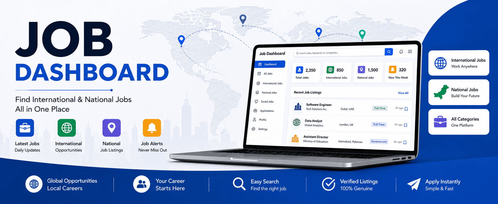 JOBS/CAREER 1 Job dashboard for international and national jobs with latest listings and job alerts