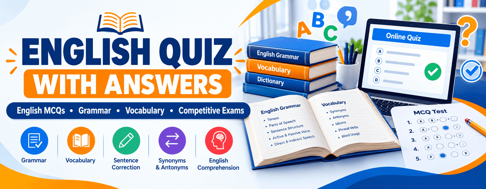 English Online Quiz 1 English Quiz with Answers featuring English MCQs, grammar, vocabulary and competitive exam practice
