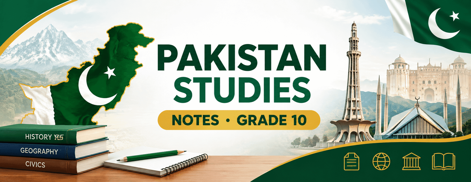Pakistan Studies Notes Grade 10 with Pakistan map and historical landmarks